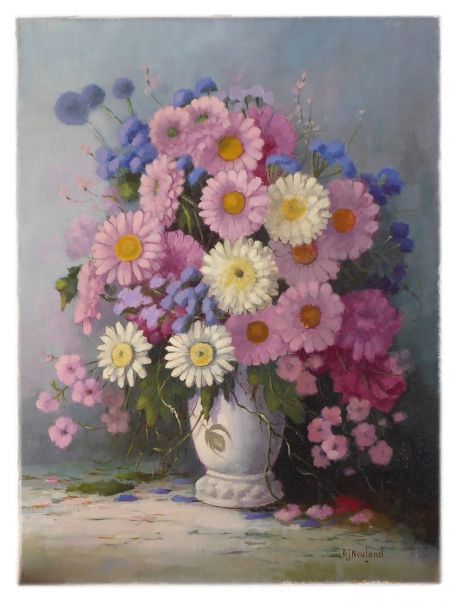 Stilleven Vaas met bloemen (roze, wit en blauw)