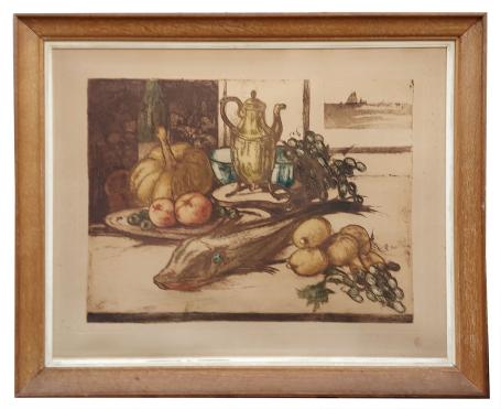 Stilleven, vis en fruit op tafel 18/50