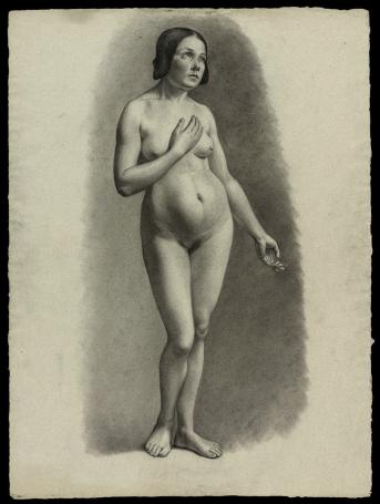 19 de eeuwse tekening, naakte jonge dame