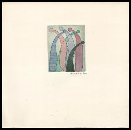 Opgehoogde ets, abstractie voorover gebogen mensen