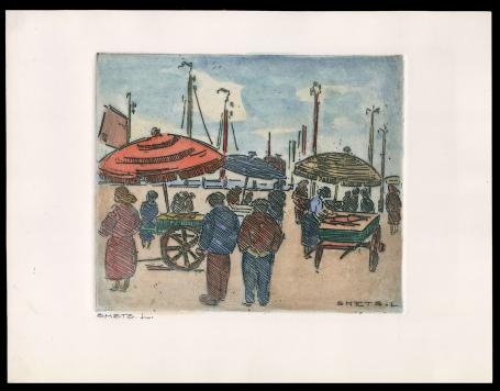 Opgehoogde ets, Viskramen op de dijk te Oostende