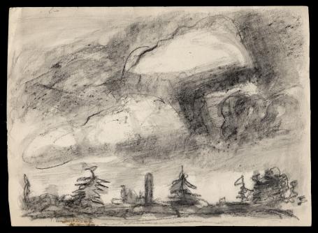 Houtskooltekening, woest dreigend landschap