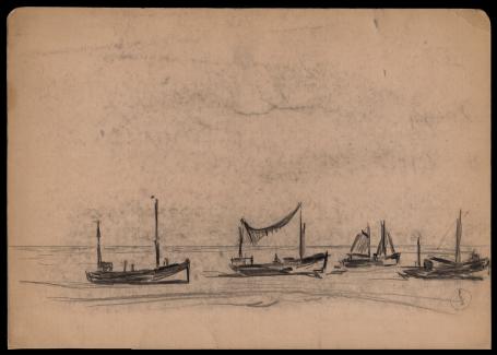 Houtskooltekening, bootjes aan het strand