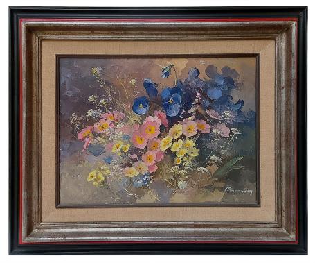 Stilleven met viooltjes en fijne bloempjes