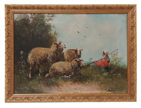 Drie schapen met hun herder