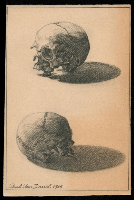Tekening, 2 doodskoppen 1986