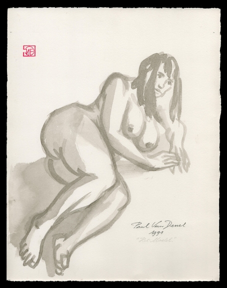 Aquarel, "Het Model"" naakt liggende vrouw 1991