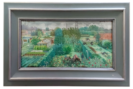 de Belgische kunstenaar Paul Van Dessel met een schilderij