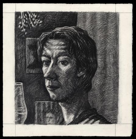 Houtskooltekening, zelfportret jonge kunstenaar