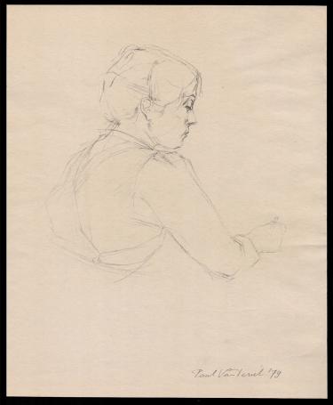 Schets, zittende tekenende dame 1979