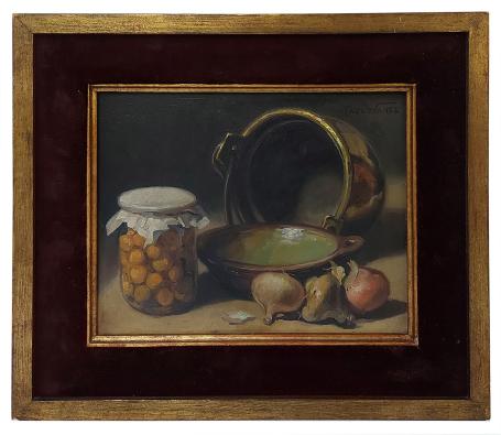 Stilleven, koperen ketel, wekpot en ajuin op tafel 1970