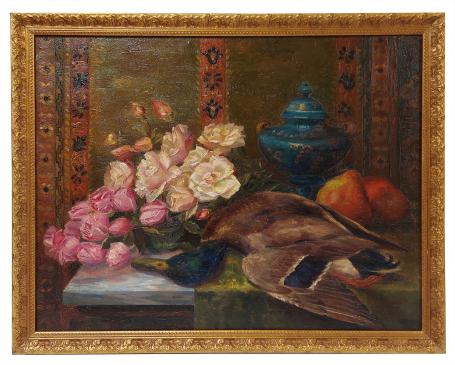 Stilleven met rozen, peren eend en blauw potje 1911