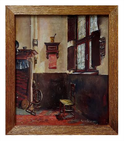 Interieur met stoel en spinnenwiel