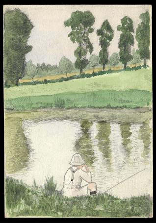 Aquarel, visser aan het vissen 1923