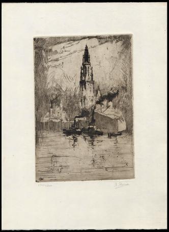 Gezicht op de Antwerpse kathedraal met boten op de Schelde, 2de staat