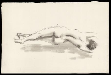 Pentekening, languit liggend naakt