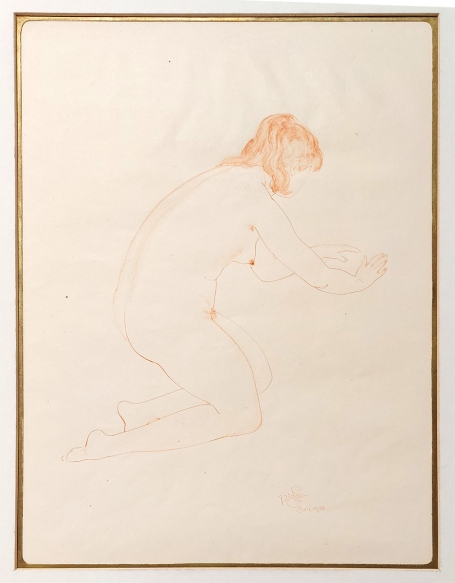 Naakte geknielde voelende dame, juli 1955