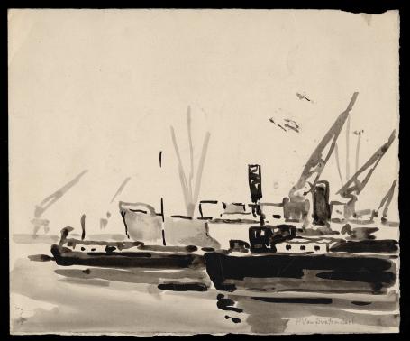 Inkttekening, boten en kranen in de Antwerpse haven