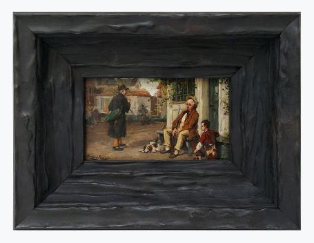 Speels tafereeltje, oude man met kind op de bank op straat