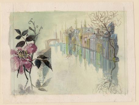 Reflecties van huizen en boom in het water met een bloem