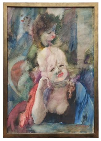 Gouache, drie dames van plezier