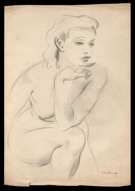 Schets naakt zittende peinzende concubine