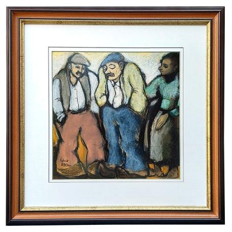 Twee preutse landbouwers bij een vrouw