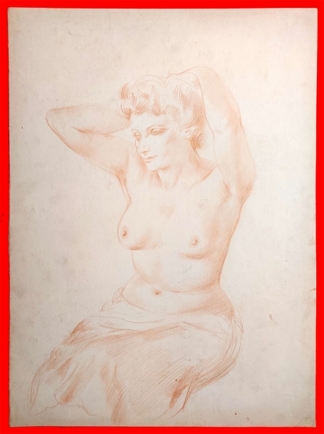 Schets, naakt zittende dame met gesloten ogen