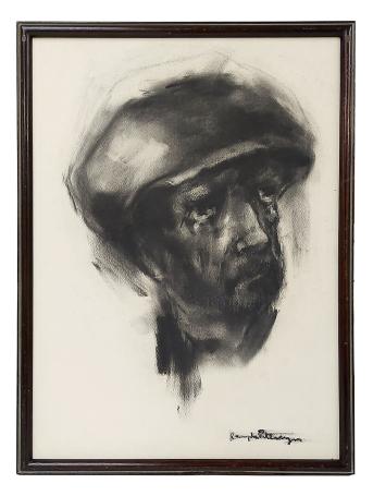 Houtskool, karakterkop man met snor en pet