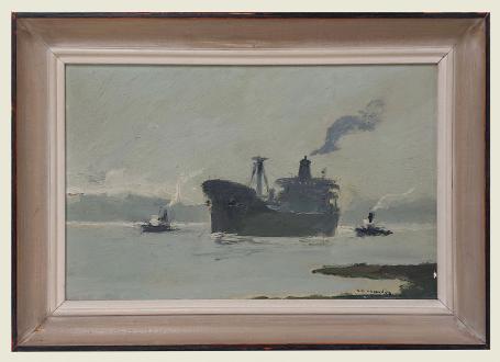 Schip met twee sleepboten op de Schelde