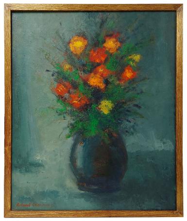 Bloemenstilleven, blauwe vaas met geel-rode bloemen