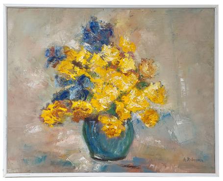 Impresionistisch Stilleven, gele en blauwe bloemen in een bolvaas