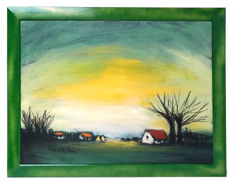 Zonnig landschapje met huizen en knotwilgen