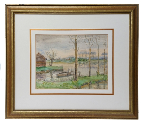 Aquarel, landschap met vijver en boot