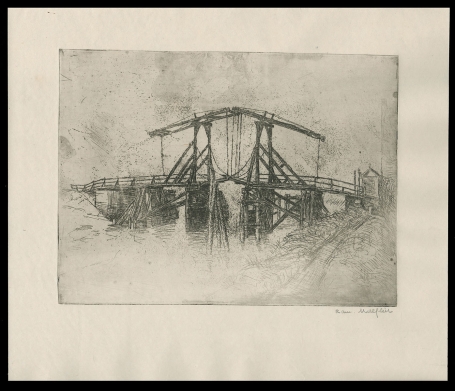 Droge naald ets, de oude brug over het kanaal