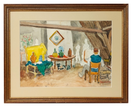 Aquarel, de schilder in zijn kunstenaarsatelier