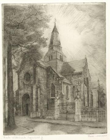 Belgische etser R. Malfliet met een ets van Willebroek