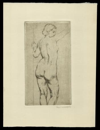 Staande naakte dame kijkend over haar schouder