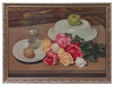 Stilleven, tafel met glas water, fruit en rozen