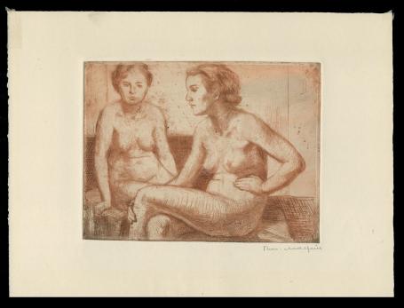 Twee rustig zittende naakte dames sanguine