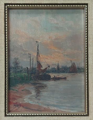 Romain Steppe met een schilderij van een bootje op de Schelde