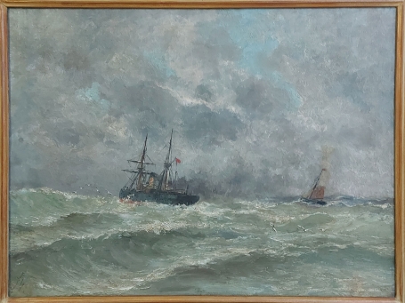 Romain Steppe met een schilderij van de Noordzee