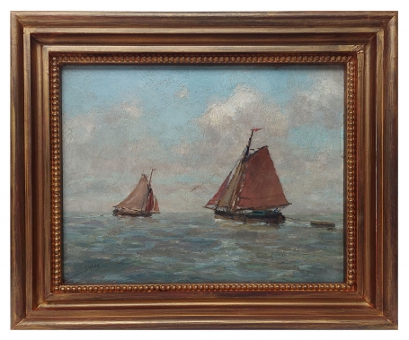 Twee zeilboten en sloep op volle zee