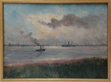 Romain Steppe met een schilderij van boten op de Schelde