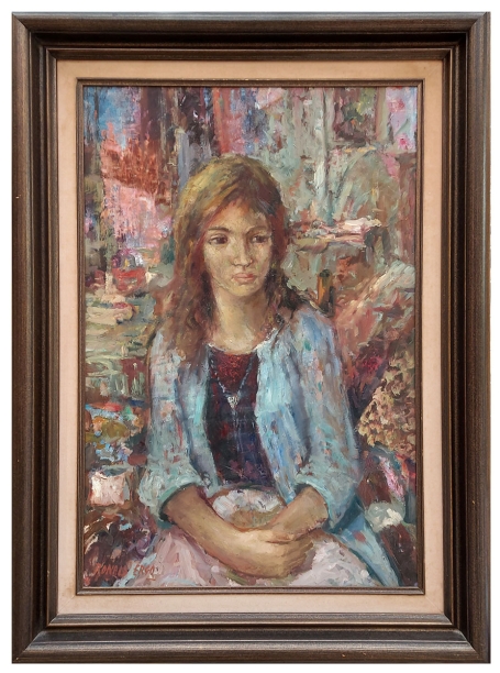 Zittende juffrouw in kleurrijk interieur