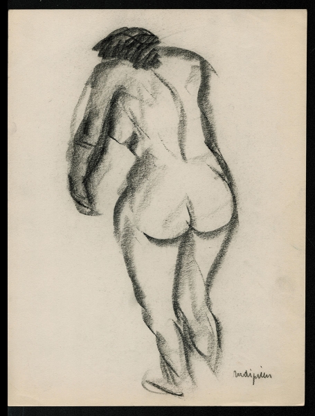 Houtskoolschets van de achterzijde van een naakte dame