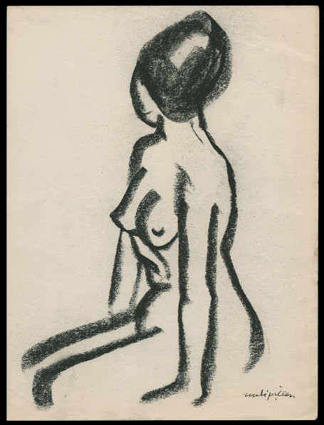 Houtskooltekening, naakt zittende dame