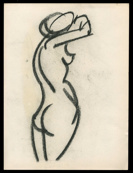 Schets, naakte staande dame zijlings