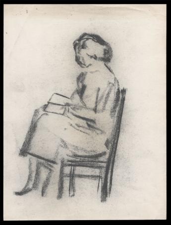 Houtskooltekening, lezende dame op stoel