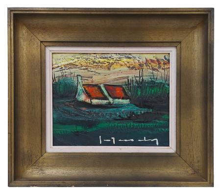 Neo-expressionistisch landschapje met boerderij in het groen